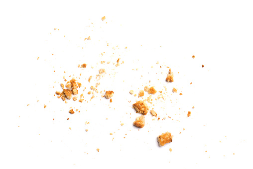 Scattered crumbs of vanilla chip butter cookies isolated on white background. Close-up view