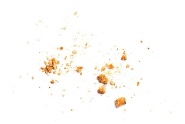 Scattered crumbs of vanilla chip butter cookies isolated on white background. Close-up view Scattered crumbs of vanilla chip butter cookies isolated on white background. Close-up view of brown crackers. Macro shot of yellow biscuit cake leftovers for your design crumb stock pictures, royalty-free photos & images