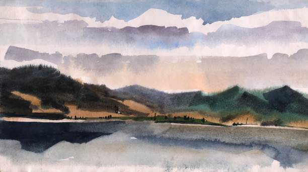 istock Cloudy day on the lake, summer, landscape watercolors. 1396293419