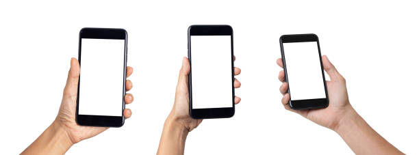 istock Hand man holding mobile smartphone with blank screen isolated on white background with clipping path 1396294865