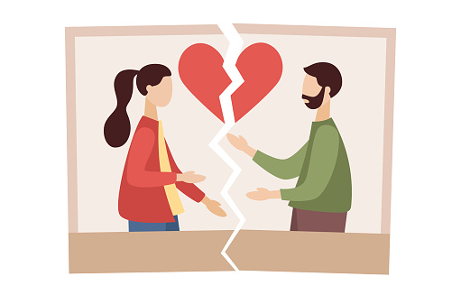 Divorce icon. Torn photo of couple in love. Break up. End of family life. Separation ex-wife and husband. Crisis relationship. Unhappy love. Vector