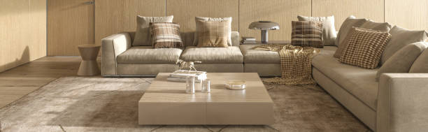 istock Luxury modern japandi style interior design livingroom. Large sofa with pillows. Lighting and sunny apartment. Mockup wall 3d render illustration. 1396296408