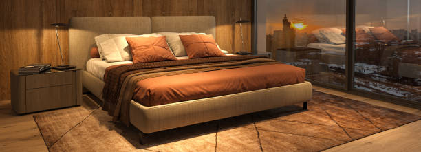 istock Modern luxury beautiful interior with panoramic windows. Design bedroom with bright night lighting and sunset. 3d render illustration. 1396296916