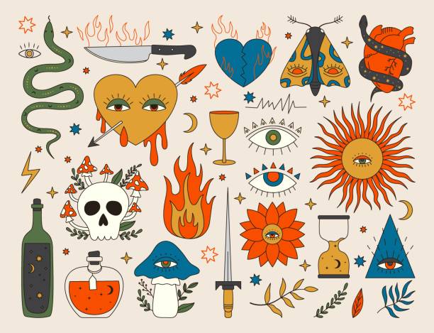 ilustraciones, imágenes clip art, dibujos animados e iconos de stock de conjunto vectorial de clipart de tatuajes psicodélicos de los años 70 - tatuaje de fuego