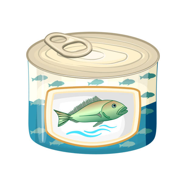 ilustraciones, imágenes clip art, dibujos animados e iconos de stock de lata de pescado aislada sobre fondo blanco. atún en conserva. envasado de lata hervida de salmón, sardinas, caballa o mariscos. - can packaging tuna food