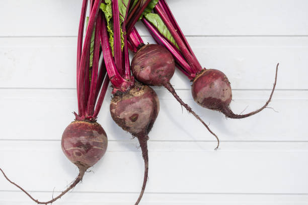 istock Fresh organic  beetroot with leaves, root vegetables over wooden background, top view 1396300667