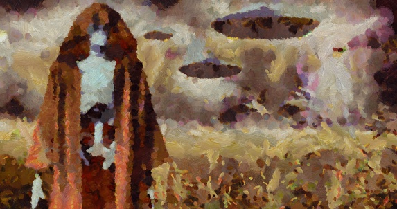 Alien invasion. UFO flies over field. Digital painting. 3D rendering