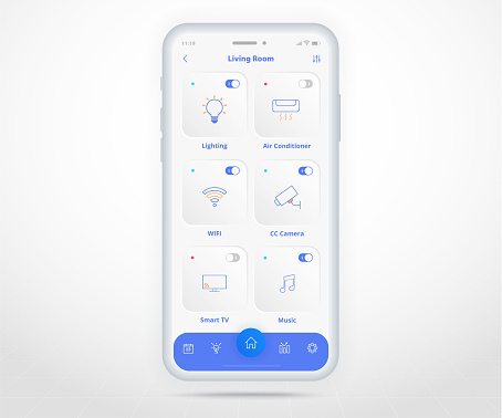 Smartphone smart home controlled app UX UI, IOT Internet of things technology, Digital future home automation tech, smart devices application phone, Wifi cctv lighting heating air, vector illustration