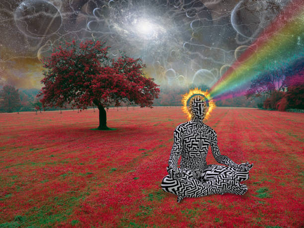 istock Man in lotus pose with burning halo 1396301859