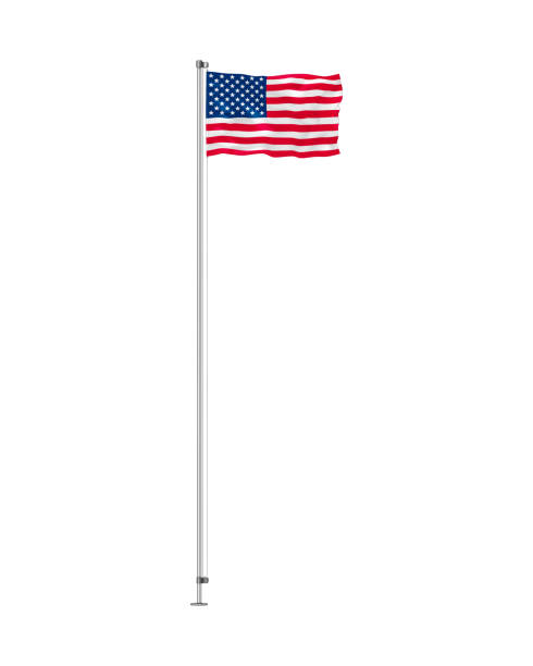 fliegende flagge der usa vektorillustration. schwenkende us-amerikanische flagge auf metallstange isoliert auf weißem hintergrund - stange stock-grafiken, -clipart, -cartoons und -symbole