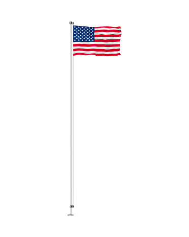 Flying flag of USA vector illustration. Waving US American flag on metal pole isolated on white background