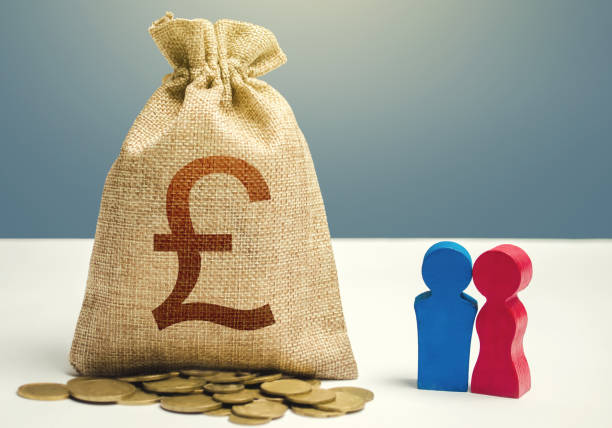Couple figurines and british pound sterling money bag. Budget. Social research, consumer preferences. Marketing targeting. Demographic grant. Investments. Social policy to encourage family creation. figuritas de pareja y bolsa de dinero de libras esterlinas británicas. presupuesto. investigación social, preferencias de los consumidores. segmentación por marketing. subvención demográfica. inversiones. política social para fomentar la creación de
