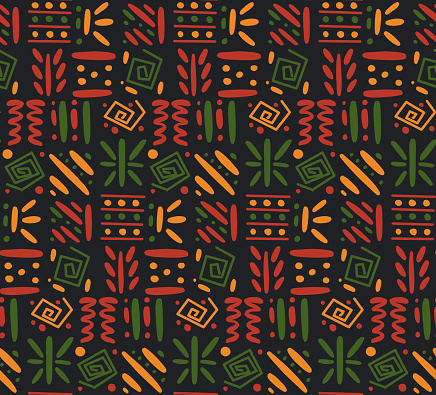 African clash ethnic tribal seamless pattern background. Vector red, yellow, green symbols, square repeat lines backdrop for Black History Month, Juneteenth, Kwanzaa print, banner, wallpaper.