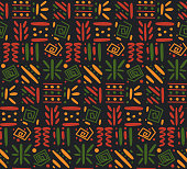 istock African clash ethnic tribal seamless pattern background. Vector red, yellow, green symbols, square repeat lines backdrop for Black History Month, Juneteenth, Kwanzaa print, banner, wallpaper 1396304666