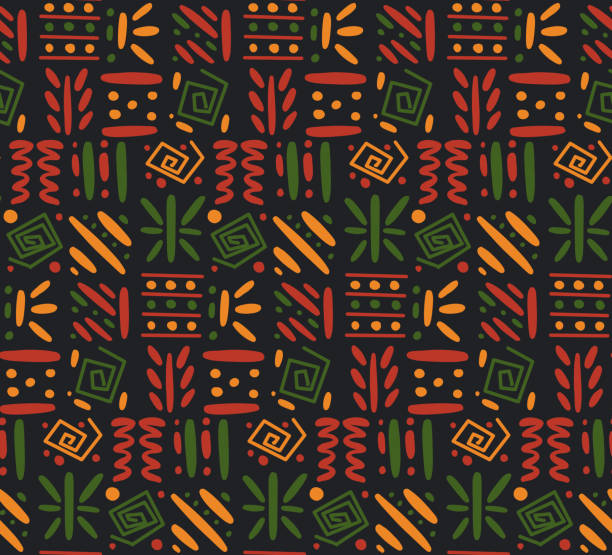 African clash ethnic tribal seamless pattern background. Vector red, yellow, green symbols, square repeat lines backdrop for Black History Month, Juneteenth, Kwanzaa print, banner, wallpaper African clash ethnic tribal seamless pattern background. Vector red, yellow, green symbols, square repeat lines backdrop for Black History Month, Juneteenth, Kwanzaa print, banner, wallpaper. african pattern stock illustrations
