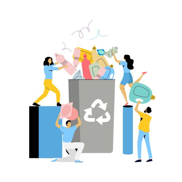 Recycling garbage flat vector illustration. People sorting plastic waste into recycling garbage bin. Plastic pollution problem concept. vector art illustration
