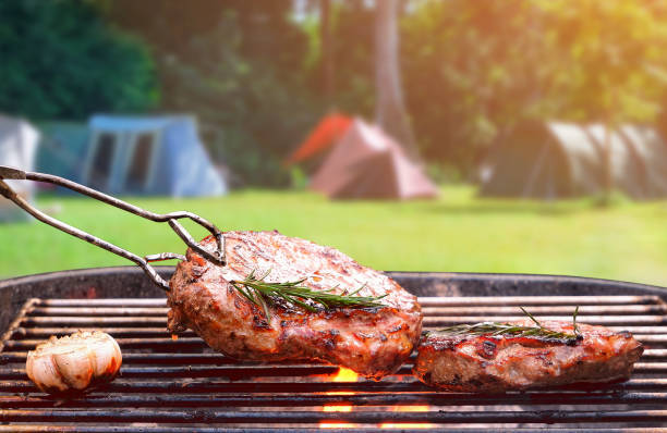 Roasted beef ripe steaks on flaming charcoal grill with blurred background of camping area in natural park Roasted beef ripe steaks on flaming charcoal grill with blurred background of camping area in natural parkland metal grate stock pictures, royalty-free photos & images