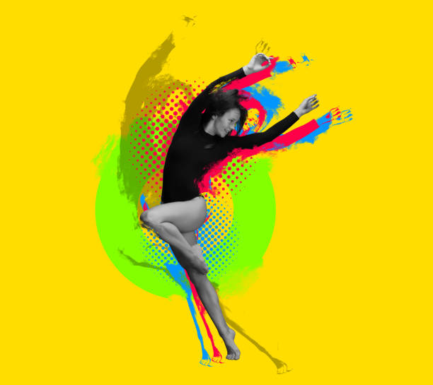 istock Creative artwork with stylish contemp dancer, beautiful woman dancing isolated on bright yellow background with glitch effect. Contemporary art collage. 1396307128
