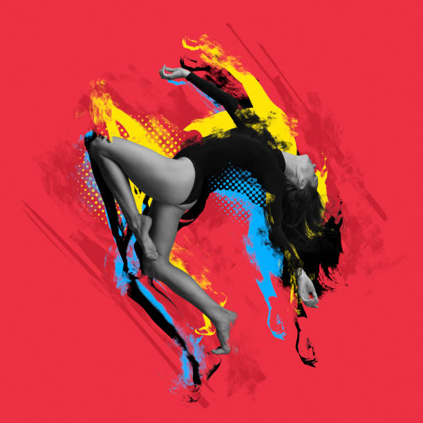 Street dance. Creative artwork with stylish contemp dancer, beautiful woman dancing isolated on red background with colorful glitch effect. Dance, grace, youth, graphics, contemporary art collage.