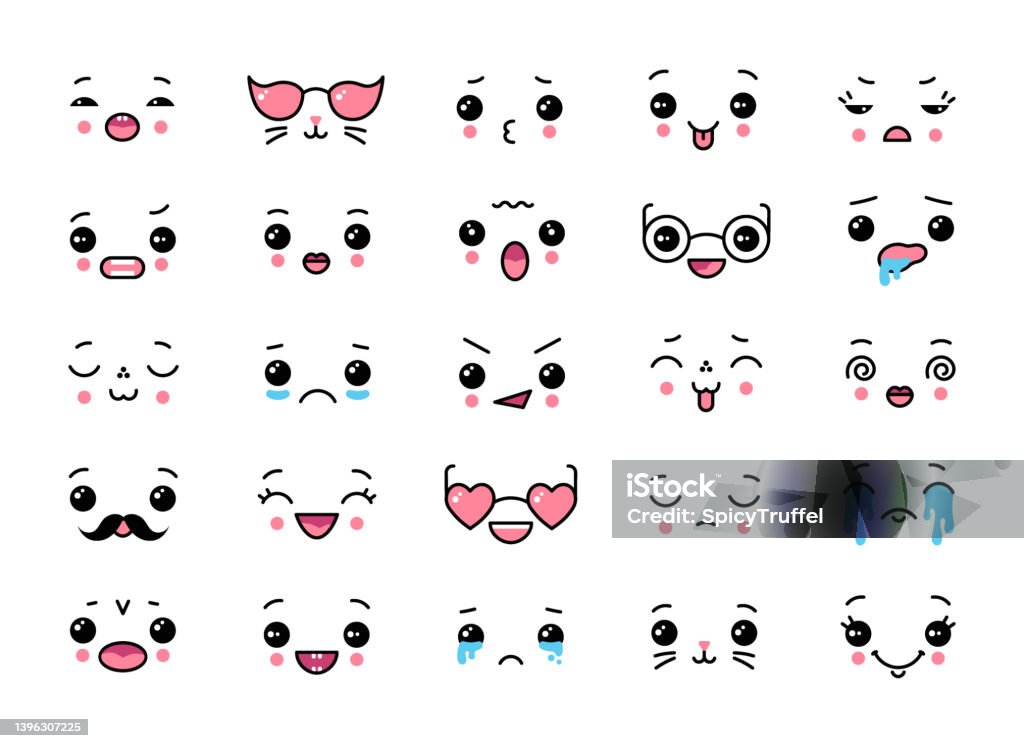 Ilustración de Linda Emoción Japonesa Caras Kawaii Dibujos Animados Dulces  Cómics Maravillosos Personajes Doodle Emoticono Con Ojo Y Boca Expresiones  Faciales Anime Llorando O Emoji Alegre Conjunto De Emoticonos Vectoriales y  más