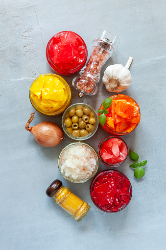 Set of various multicolored bright fermented and pickled vegetables, snacks and condiments