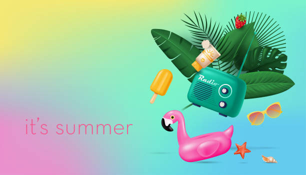 ilustraciones, imágenes clip art, dibujos animados e iconos de stock de banner de verano con varios elementos vectoriales en estilo minimalista 3d realista - tourist resort audio