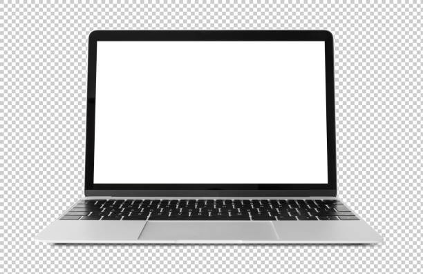 modell des laptops mit leerem weißen bildschirm. hintergrund eines transparenten musters. - computerbildschirm stock-fotos und bilder
