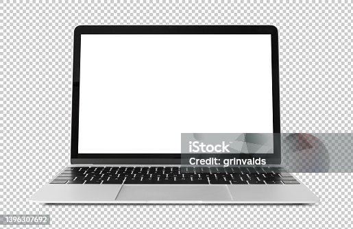 istock Mockup of laptop with empty white screen. Transparent pattern background. 1396307692