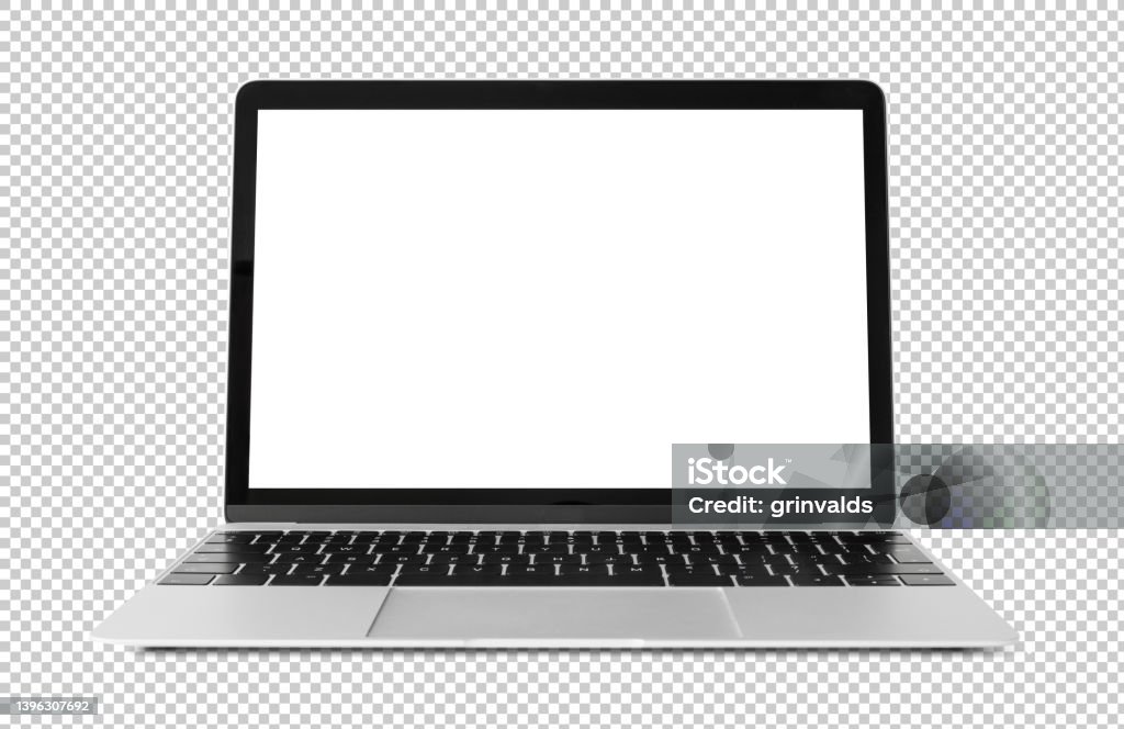 Mockup of laptop with empty white screen. Transparent pattern background. Laptop Stock Photo