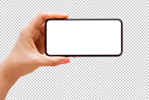 istock Person holding phone horizontally in one hand, mockup for phone camera. Transparent pattern background. 1396307703