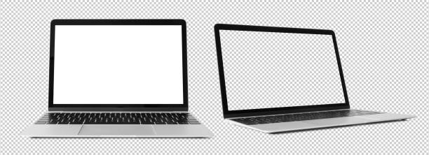 Mockup of laptop computers. Front and side views with empty blank screens. Transparent pattern background.