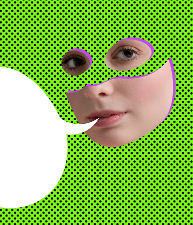 Contemporary art collage. Tender young woman in superhero mask isolated over green background. Adventure. Concept of movie character, pop art, fun, surrealism, creativity. Copy space for ad