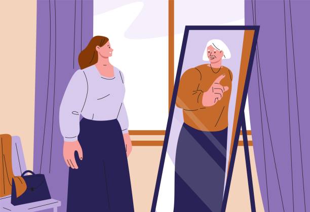 ilustrações de stock, clip art, desenhos animados e ícones de advice from the future. young woman stand in room and look at mirror self reflection in old age. grandmother support girl, life time feels, kicky vector concept - mirror reflection men individuality