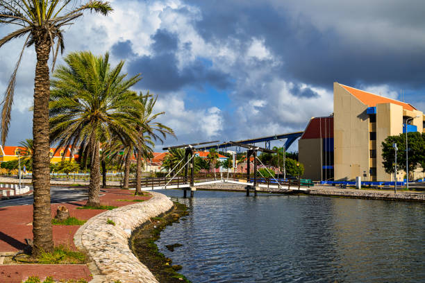 A view of a bridge in willemstad on curacao with blue sky and beautiful clouds