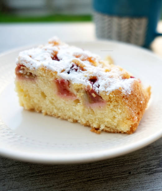 slice of rhubarb pie on plate on garden table