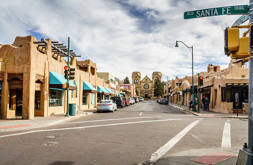 Santa Fe, New Mexico, December 13, 2021: Central street in downtown Santa Fe, NM with a view of Cathedral Basilica of St. Francis of Assisi