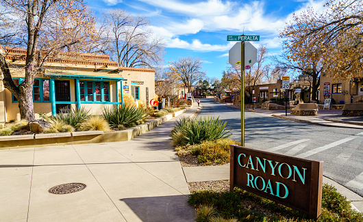 Santa Fe, New Mexico, December 13, 2021: Famous Canyon Road - a home for Santa Fe art district
