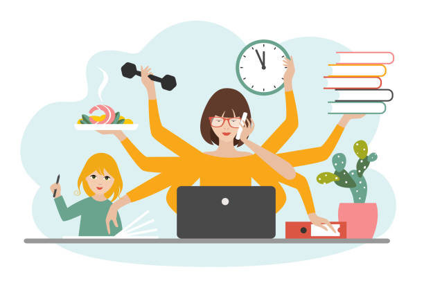 multitask woman. mother, businesswoman with child, working, coocking and calling. flat vector. - working mother 幅插畫檔、美工圖案、卡通及圖標