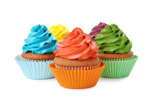 istock Different delicious colorful cupcakes on white background 1396315998
