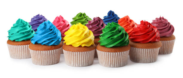 istock Different delicious colorful cupcakes on white background 1396316571