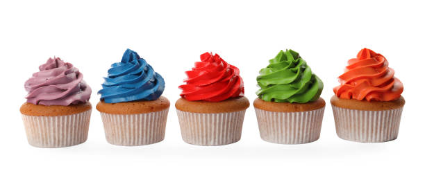 istock Different delicious colorful cupcakes on white background 1396316592