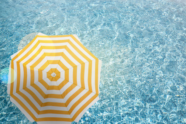 High resolution 3d render of an Hotel swimming pool with beach-umbrella and three lounge-chairs in straight topview.