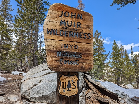 Inyo County, California - May 08, 2022: The John Muir Wilderness boundary sign by the Bishop Pass Trail