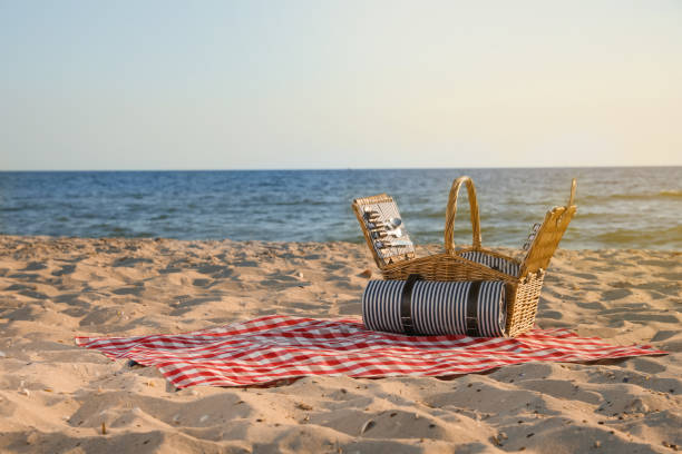 Blanket with picnic basket on sandy beach near sea, space for text Blanket with picnic basket on sandy beach near sea, space for text picnic blanket stock pictures, royalty-free photos & images