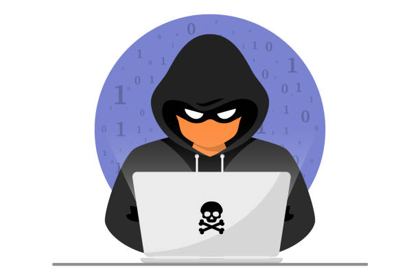 hacker, cyber criminal dengan laptop mencuri data pribadi pengguna. serangan peretas dan keamanan web. konsep phishing internet. hacker berbaju hitam dengan laptop mencoba melakukan serangan siber. kode pemrograman - pencuri ilustrasi stok