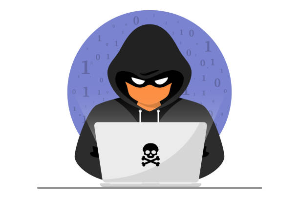 ilustrações, clipart, desenhos animados e ícones de hacker, criminoso cibernético com laptop roubando dados pessoais do usuário. ataque hacker e segurança na web. conceito de phishing na internet. hacker de capuz preto com laptop tentando atacar cibernéticos. código de programação - hacker