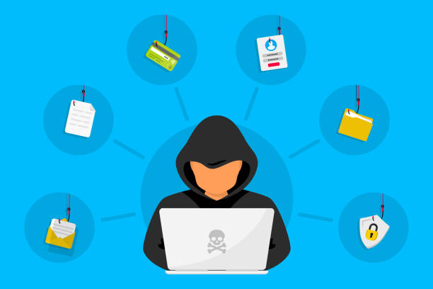 ilustrações de stock, clip art, desenhos animados e ícones de hacker and cyber criminals  phishing and fraud. online scam and steal. hacker sitting at the desktop and phishing stealing private personal data, user login, password, document, email and credit card - computer crime