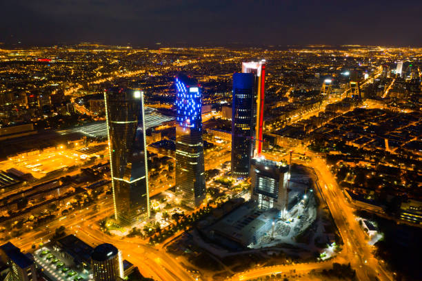 Night aerial view of modern Madrid cityscape with tallest skyscrapers of Four Towers Business Area, Spain