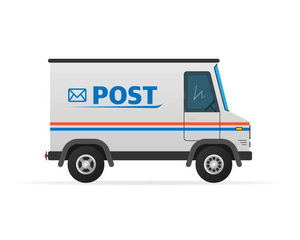 Vector illustration template. Post truck with hand. Vector illustration template. Post truck with hand post office stock illustrations