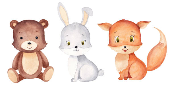 woodland baby tiere set. aquarellillustration von fuchs, bär, kaninchen für kinderzimmer. - bärenjunges stock-grafiken, -clipart, -cartoons und -symbole